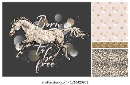 Set of print and seamless wallpaper pattern. The running beautiful horse on a shine polka dot background. Textile composition, hand drawn style print. Vector illustration.