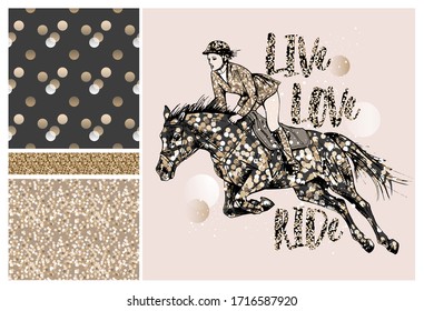 Set of print and seamless wallpaper pattern. The running beautiful horse and rider on a shine polka dot background. Textile composition, hand drawn style print. Vector illustration.