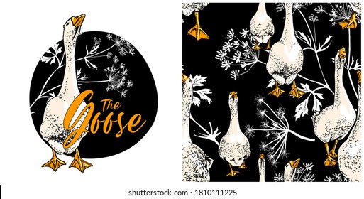 Set of print and seamless wallpaper pattern. Gooses group on a herbal background. Textile composition, hand drawn style print. Vector illustration.