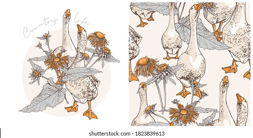Set of print and seamless wallpaper pattern. Gooses group on a herbal Wildflowers background. Textile composition, hand drawn style print. Vector illustration.