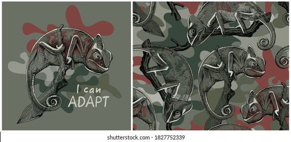 Set Of Print And Seamless Wallpaper Pattern. Chameleon On The Branch On A Camouflage Background. Textile Composition, Hand Drawn Style Print. Vector Illustration.