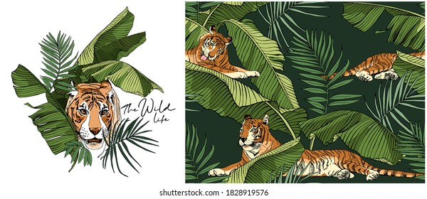 Set of print and seamless wallpaper pattern. Tiger and exotic palm leaves. Textile composition, hand drawn style print. Vector illustration.