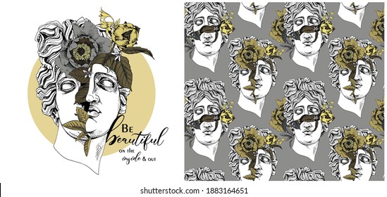 Set of print and seamless wallpaper pattern. Apollo Plaster head statue with a flowers, buds and leaves. Textile composition, t-shirt design, hand drawn style print. Vector illustration.