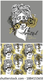 Set of print and seamless wallpaper pattern. Apollo Plaster head statue with a flowers, buds and leaves. Textile composition, t-shirt design, hand drawn style print. Vector illustration.