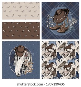 Set of print and seamless wallpaper patterns. Portrait of a Horse in a cowgirl hat, boots and running horses. T-shirt composition, hand drawn vector illustration.