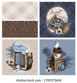 Set of print and seamless wallpaper patterns. Vintage Camera and birds with exotic palm leaves, checkered and floral background. T-shirt composition, hand drawn vector illustration.