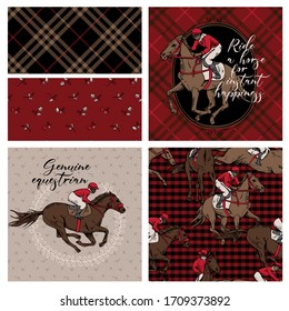 Set of print and seamless wallpaper patterns. The running beautiful horse and rider, checkered and floral background. T-shirt composition, hand drawn vector illustration.