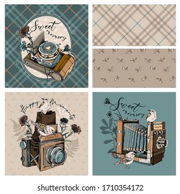Set of print and seamless wallpaper patterns. Vintage Camera and birds with wildflowers flowers and leaves, checkered and floral background. Textile composition, hand drawn vector illustration.