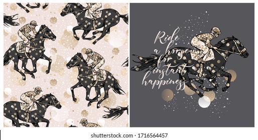 Set of print and wallpaper pattern. The running beautiful horse and rider on a shine polka dot background. Textile composition, hand drawn style print. Vector illustration.