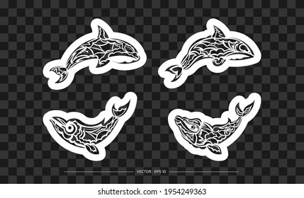 Set of print whale in boho style. Isolated. Vector illustration