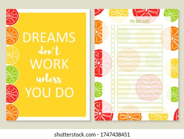 Set of printable A4 cute business to do list with check boxes and cover. Hand draw citrus fruits. Day planner template. Vector Illustration