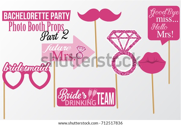 Set of printable\
Bachelorette photobooth  Props vector elements. Pink color template\
lips, diamond, mustaches and signs Bride\'s Drinking Team, Future\
Mrs. on sticks. Part 2.