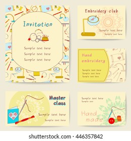Set printable cards. Bright collection with embroidery tools. Stock vector illustrations of objects for embroider, handicraft, hand made. It can be used for scrapbook, print, business, invitation