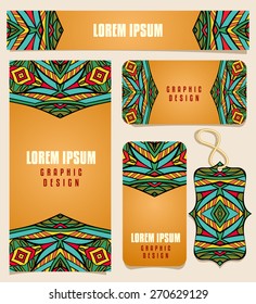 Set of printable cards with bright mexican pattern. Colorful ethnic ornament for identity firm design. Set of flyer or poster, business card, shopping tag. Vector file is EPS8.