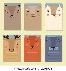 Set of printable cards with cute Wild Animals - Fox, Bear, Rabbit, Elk, Wolf, Cat. Templates for congratulations, school notes, baby notes, diaries, tags, stickers, kids accessories.