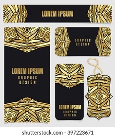 Set printable cards with golden Aztec pattern. Tribal geometric ornament for corporate identity or fashion cards in gold gamut. Set of flyer, poster, business card, banner, tag. Vector illustration.