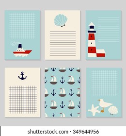 Set of printable cards in nautical style.  Cute Vector Cards, Stickers, Labels, Notes and Tags. Template for  notebooks, diary, decals, school accessories.
