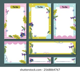 Set of Printable Cards, Notes and Memo with Cute Flowers, Leaf and Bugs Illustration Pastel Color 