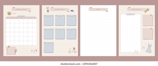 Set of printable daily, weekly, monthly and notes taking planner journal tracker organiser sheets in cute pastel design.Hand drawn vector illustration doodle