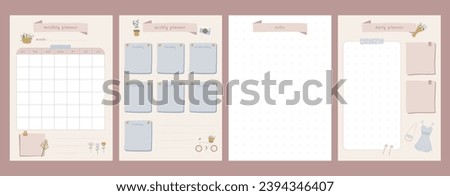 Set of printable daily, weekly, monthly and notes taking planner journal tracker organiser sheets in cute pastel design.Hand drawn vector illustration doodle