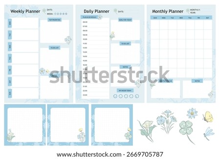 Set of printable daily, weekly, monthly and notes taking planner journal tracker organiser sheets in blue flower design.Hand drawn vector illustration.