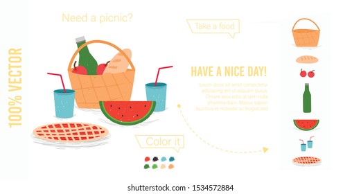 Set of Printable Elements for Picnic Poster. Composition of Basket with Food and Wine Bottle, Pie, Watermelon and Cups. Have a Nice Day Typography Cartoon Flat Vector Illustration, Craft Style, Banner