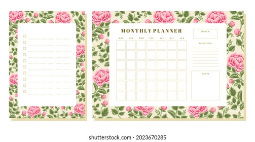 Set of printable floral monthly planner, note, memo vector template with rose, peony flowers, botanical leaf elements for school scheduler, seasonal events, reminder, bullet journal, journaling
