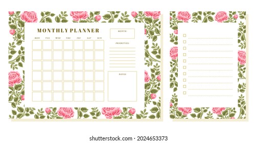 Set druckbarer Blumenplaner, Note, Memo-Vektorvorlage mit Rose, Pony Blumen, botanische Blattelemente für Schulplaner, saisonale Veranstaltungen, Erinnerung, Kugeln, Zeitschriften