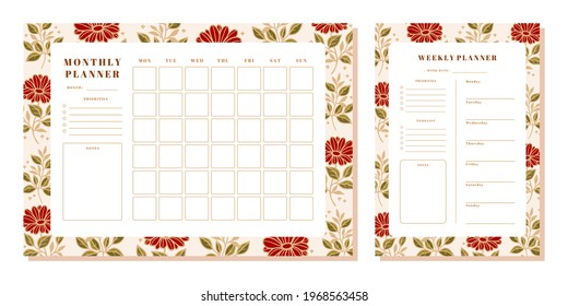 Set of printable floral monthly and weekly planner template with daisy, gerbera flowers and leaf elements
