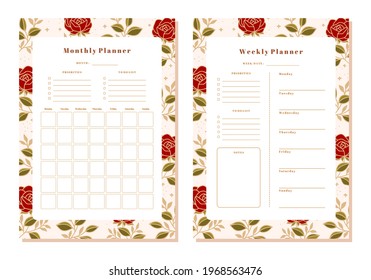Set of printable floral monthly and weekly planner template with rose, peony flowers and leaf elements