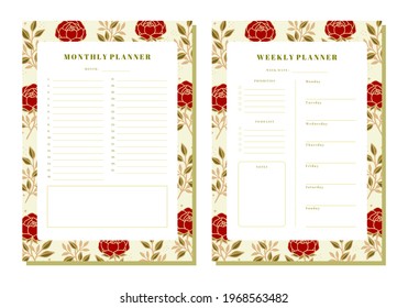 Set of printable floral monthly and weekly planner template with rose, peony flowers and leaf elements