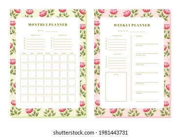 Set of printable floral monthly and weekly planner template with rose, peony flowers and leaf elements