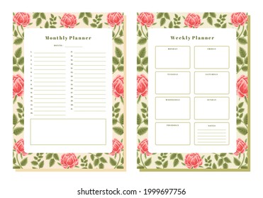 Set of printable floral monthly and weekly planner vector template with rose, peony flowers and botanical leaf elements for school scheduler, seasonal events, reminder, bullet journal, journaling