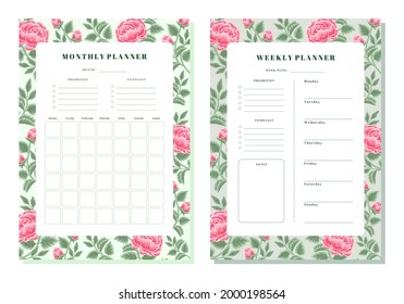 Set of printable floral monthly and weekly planner vector template with rose, peony flowers and botanical leaf elements for school scheduler, seasonal events, reminder, bullet journal, journaling