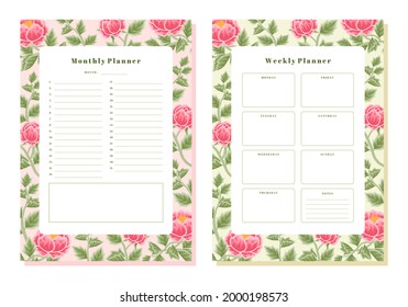 Set of printable floral monthly and weekly planner vector template with rose, peony flowers and botanical leaf elements for school scheduler, seasonal events, reminder, bullet journal, journaling