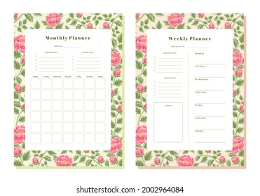 Conjunto de plantillas vectoriales imprimibles de planner floral mensual y semanal con rosa, flores de peón y elementos de hoja botánica para programador escolar, eventos estacionales, recordatorio, diario de bala, diario de diario