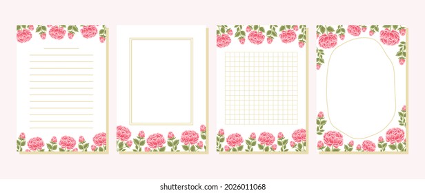 Set of printable floral note, memo, daily planner vector template with rose, peony flower, botanical leaf elements for school scheduler, seasonal events, reminder, bullet journal, journaling