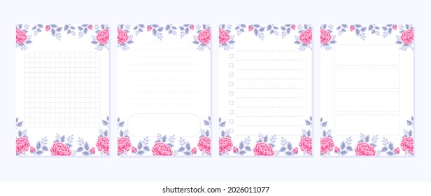 Set of printable floral note, memo, daily planner vector template with rose, peony flower, botanical leaf elements for school scheduler, seasonal events, reminder, bullet journal, journaling