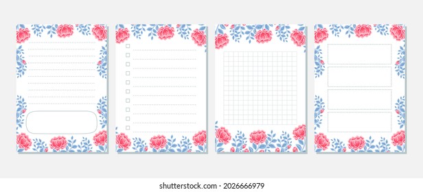 Set of printable floral note, memo, daily planner vector template with rose, peony flower, botanical leaf elements for school scheduler, seasonal events, reminder, bullet journal, journaling
