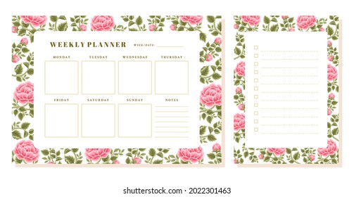 Set of printable floral weekly planner, note, memo vector template with rose, peony flowers, botanical leaf elements for school scheduler, seasonal events, reminder, bullet journal, journaling