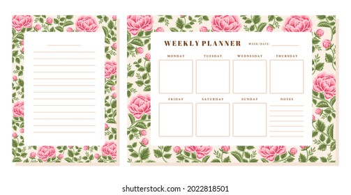 Satz druckbarer floraler Wochenplaner, Notiz, Memo-Vektorvorlage mit Rose, Peronenblumen, botanische Blattelemente für Schulplaner, saisonale Ereignisse, Erinnerung, Kugeln, Zeitschrift, Zeitschrift