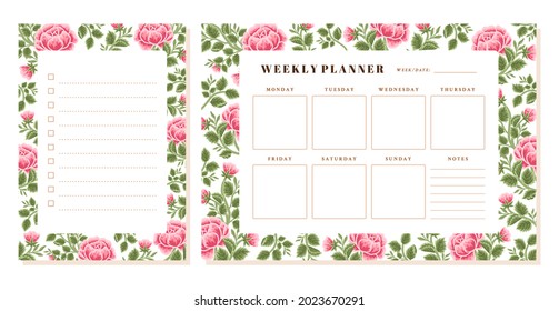 Conjunto de planner semanal floral imprimible, nota, plantilla vectorial memo con rosa, flores de peonía, elementos de hoja botánica para programador escolar, eventos estacionales, recordatorio, diario de balas, diario