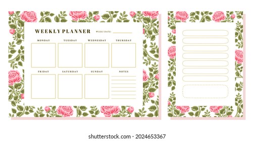 Set of printable floral weekly planner, note, memo vector template with rose, peony flowers, botanical leaf elements for school scheduler, seasonal events, reminder, bullet journal, journaling
