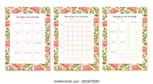 Set of printable floral yearly, monthly and weekly planner vector template with rose, peony flower, botanical leaf elements for school scheduler, seasonal events, reminder, bullet journal, journaling