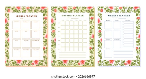 Set of printable floral yearly, monthly and weekly planner vector template with rose, peony flower, botanical leaf elements for school scheduler, seasonal events, reminder, bullet journal, journaling