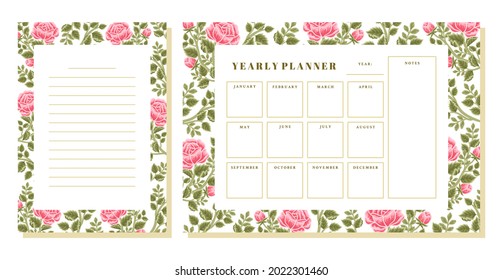 Set of printable floral yearly planner, note, memo vector template with rose, peony flowers, botanical leaf elements for school scheduler, seasonal events, reminder, bullet journal, journaling