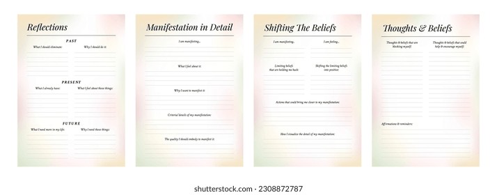 Set of printable gradient vector manifestation, affirmation, gratitude planner template set for journaling, self-reflection, self care, poster, shadow work, or coaching