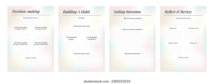 Set of printable gradient vector manifestation, affirmation, gratitude planner template set for journaling, self-reflection, self care, poster, shadow work, or coaching