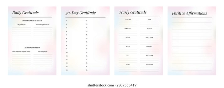 Set of printable gradient vector manifestation, affirmation, gratitude planner template set for journaling, self-reflection, self care, poster, shadow work, or coaching