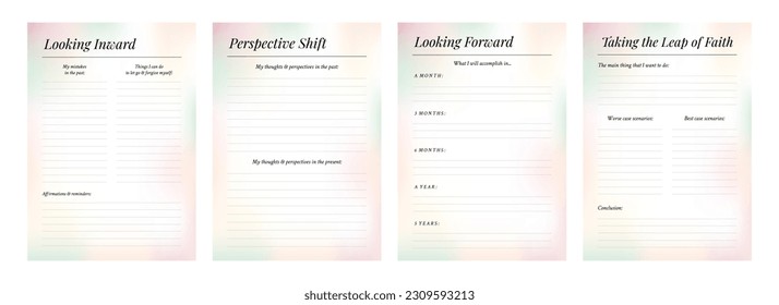 Set of printable gradient vector manifestation, affirmation, gratitude planner template set for journaling, self-reflection, self care, poster, shadow work, or coaching